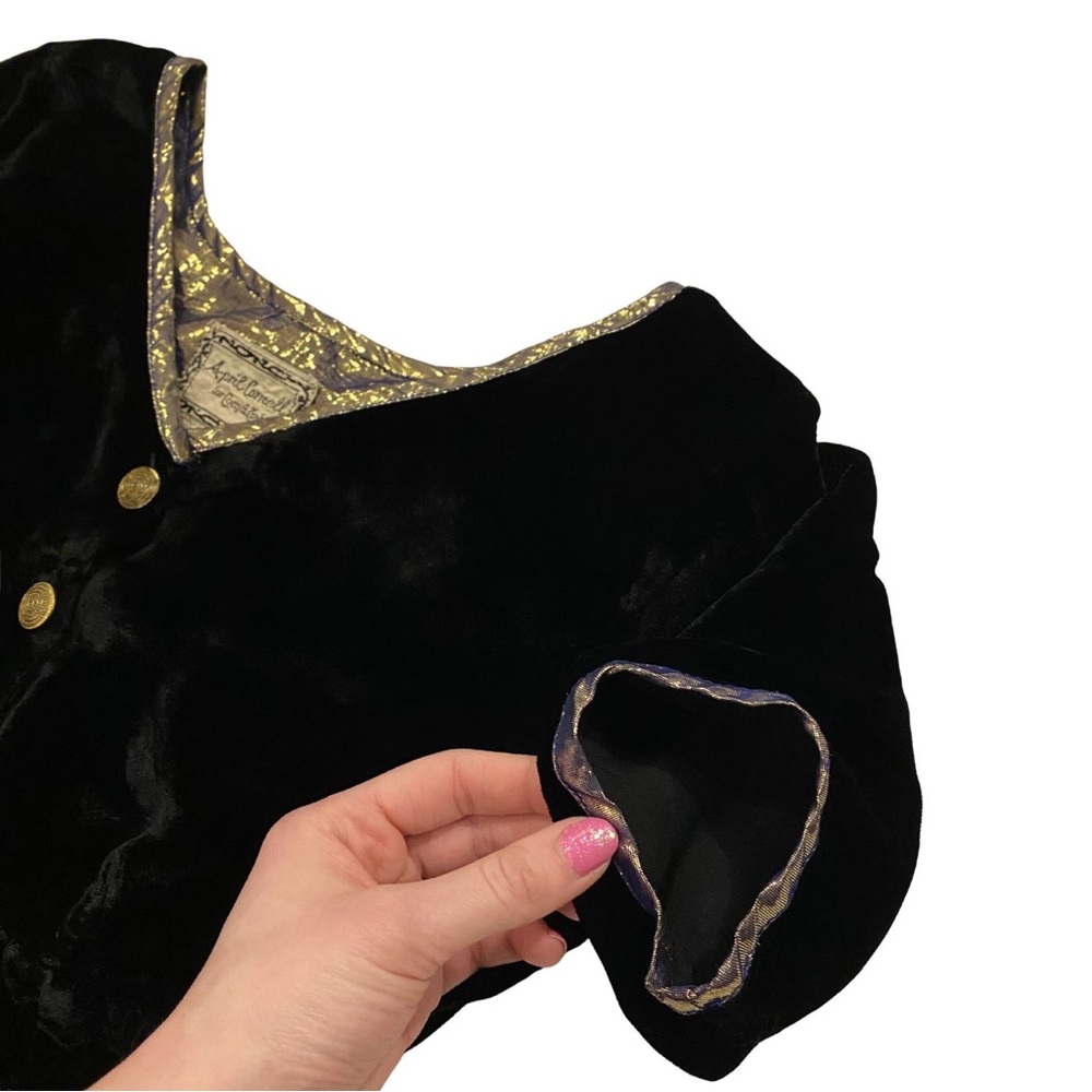 Vintage Medival Shiny Gold Little Black Dress Velvet Women Medium Short Sleeve - Picture 9 of 12